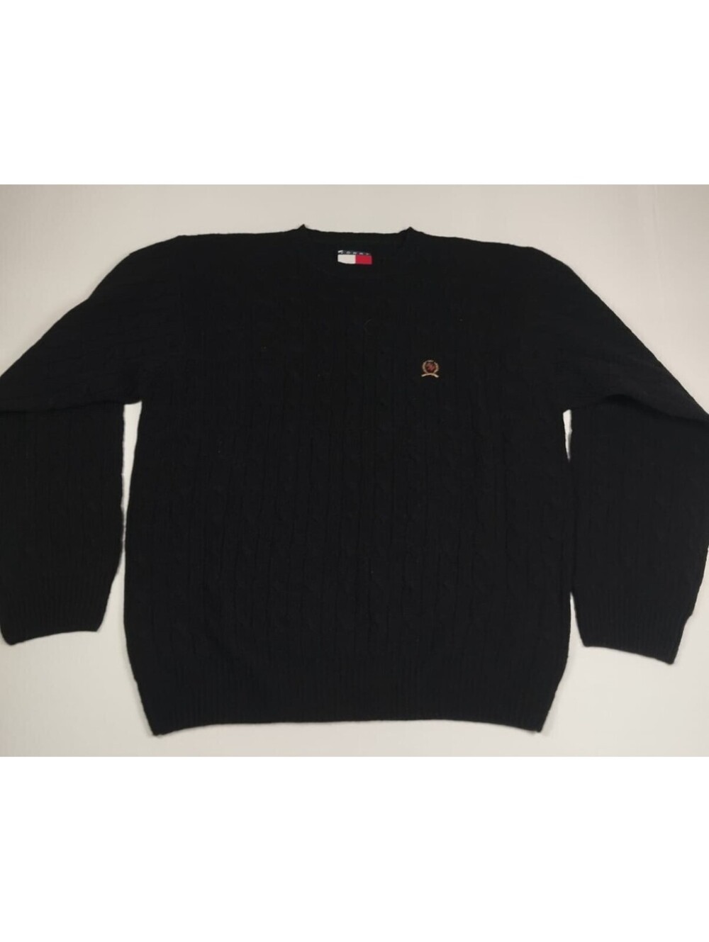 Tommy Hilfiger Men L Black Cable Knit Crewneck Sweater Crest Logo Cotton Vintage